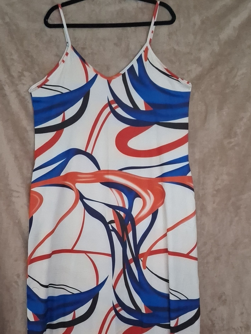 Spaghetti-Strap White Maxi Dress with Blue & Red Abstract Swirls